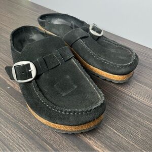 Black Suede Birkenstock Loafer Slip on Sandals Silver Buckle Grunge Goth Boho
